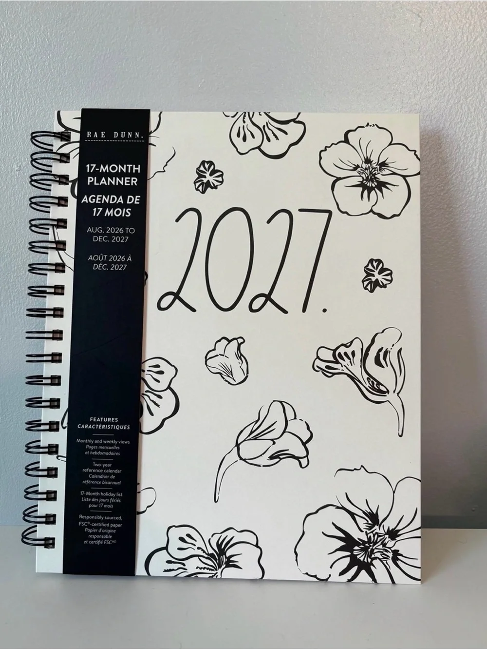 Rae Dunn 2027 Floral Spiral Planner - Black & White Floral